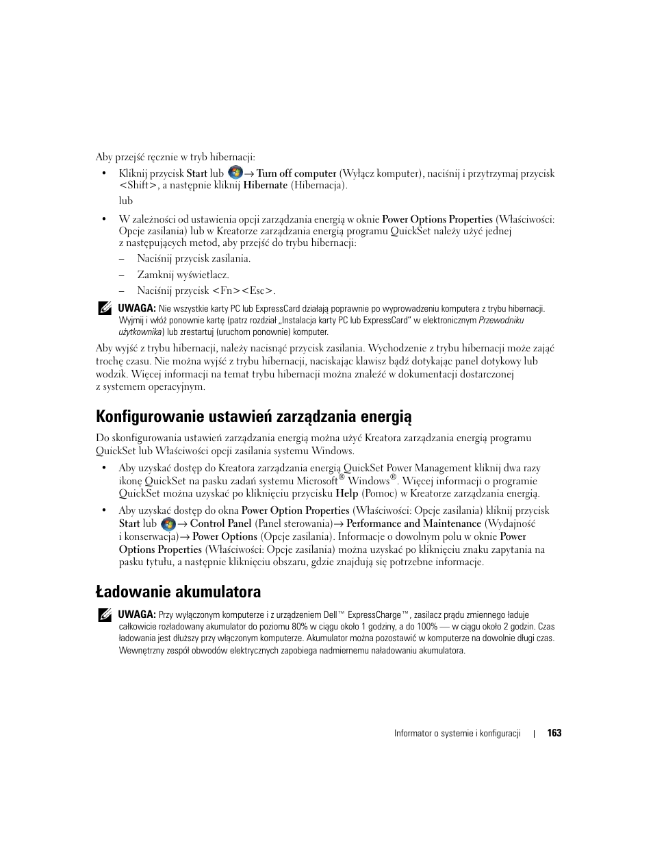 Konfigurowanie ustawień zarządzania energią, Ładowanie akumulatora | Dell Precision M4300 User Manual | Page 163 / 246