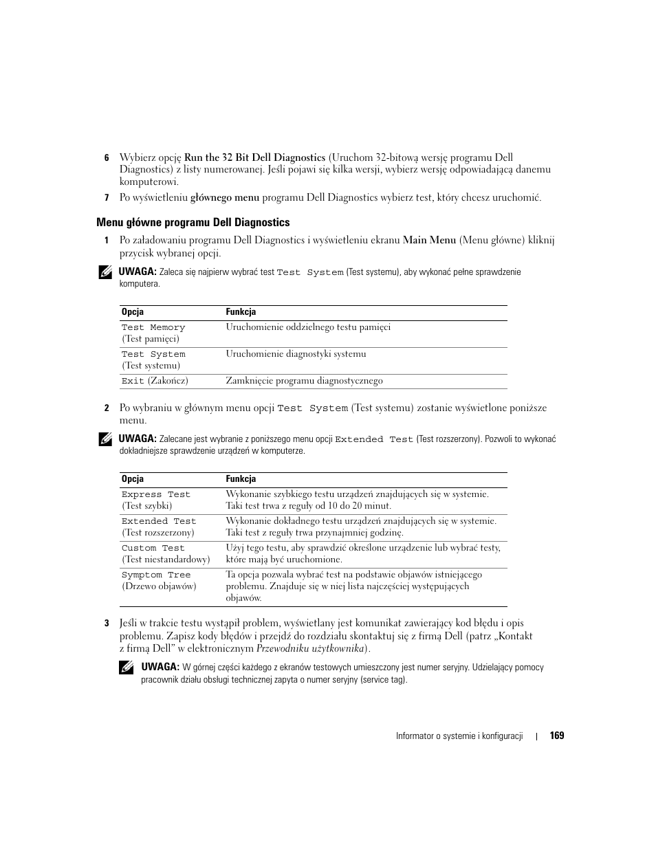 Menu główne programu dell diagnostics | Dell Precision M4300 User Manual | Page 169 / 246