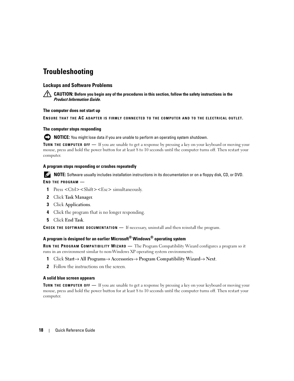 Troubleshooting, Lockups and software problems | Dell Precision M4300 User Manual | Page 18 / 246
