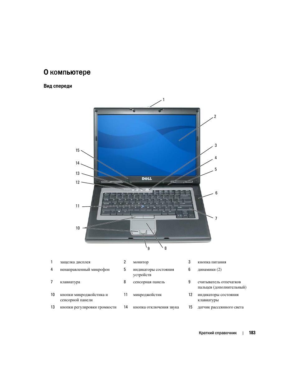 О компьютере, Вид спереди | Dell Precision M4300 User Manual | Page 183 / 246