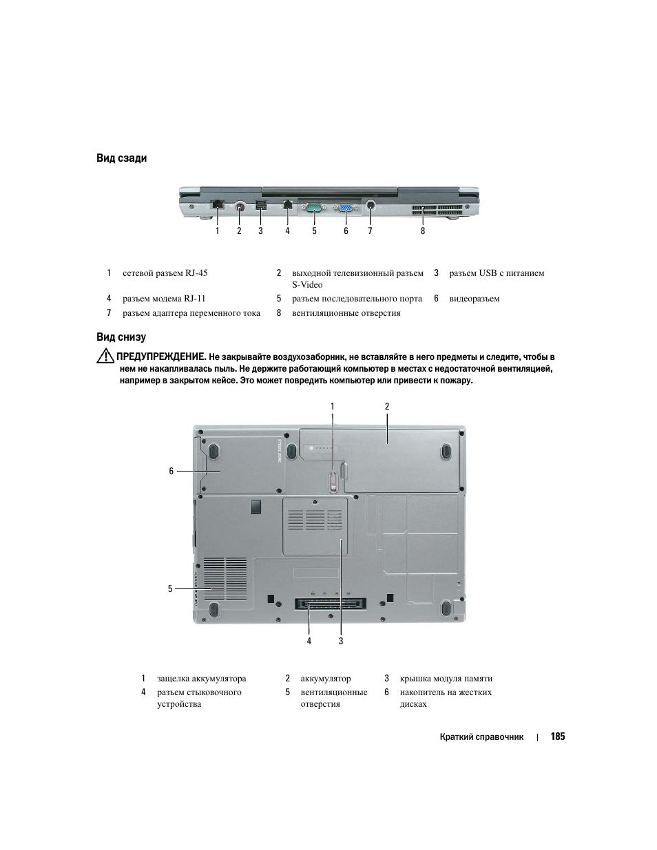 Вид сзади, Вид снизу | Dell Precision M4300 User Manual | Page 185 / 246