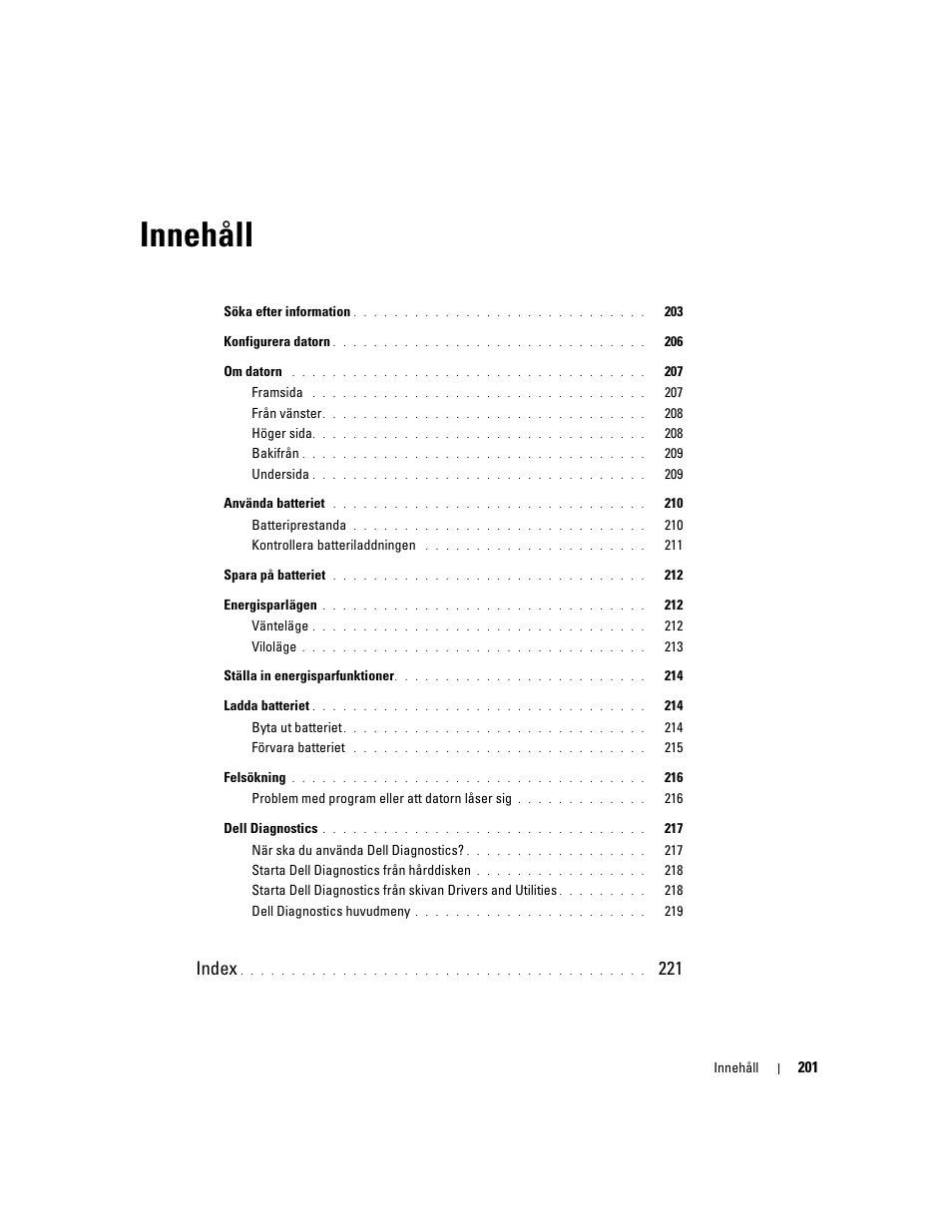 Innehåll, Index | Dell Precision M4300 User Manual | Page 201 / 246