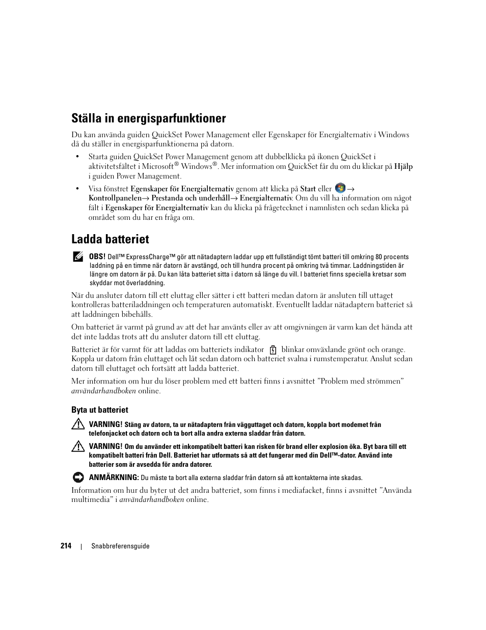 Ställa in energisparfunktioner, Ladda batteriet, Byta ut batteriet | Dell Precision M4300 User Manual | Page 214 / 246