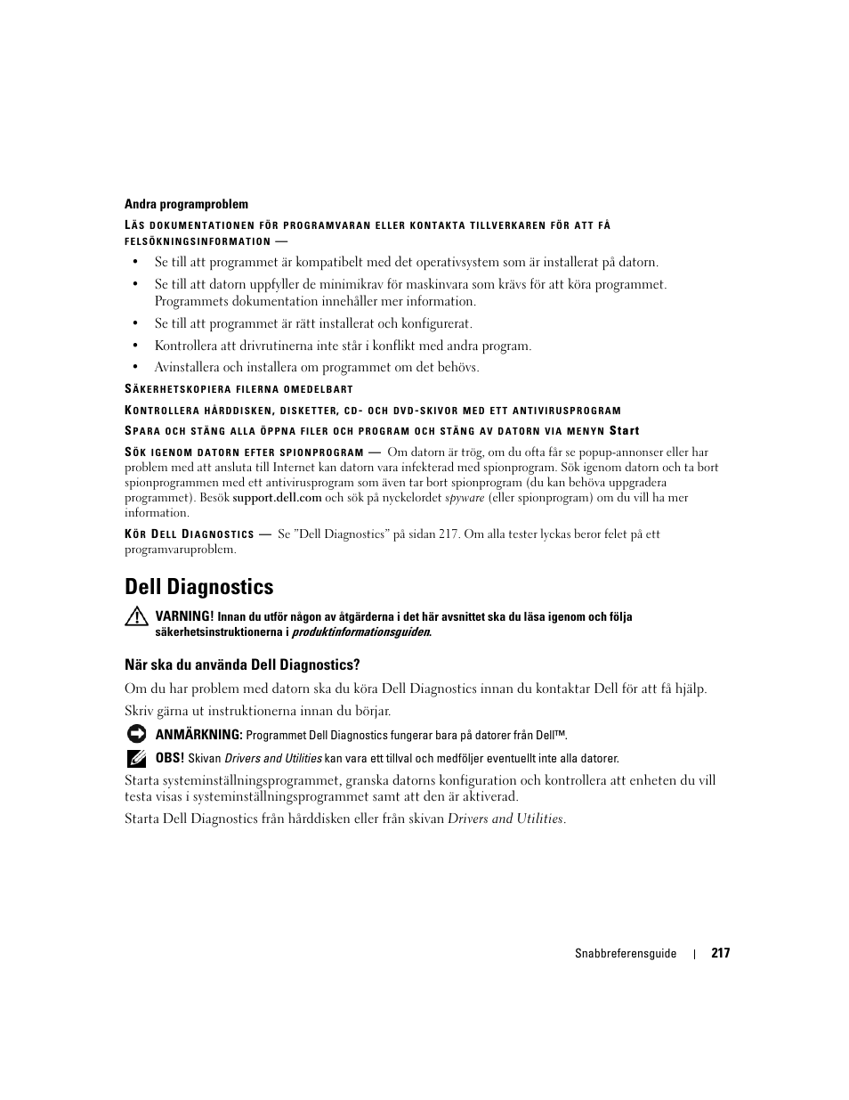 Dell diagnostics, När ska du använda dell diagnostics | Dell Precision M4300 User Manual | Page 217 / 246