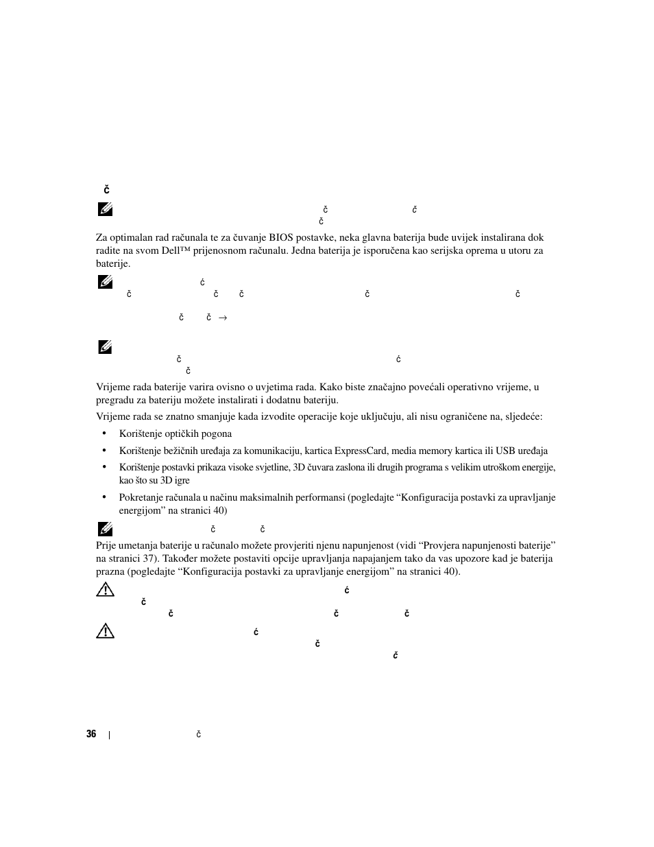 Korištenje baterije, Učinak baterije, Inak baterije | Dell Precision M4300 User Manual | Page 36 / 246