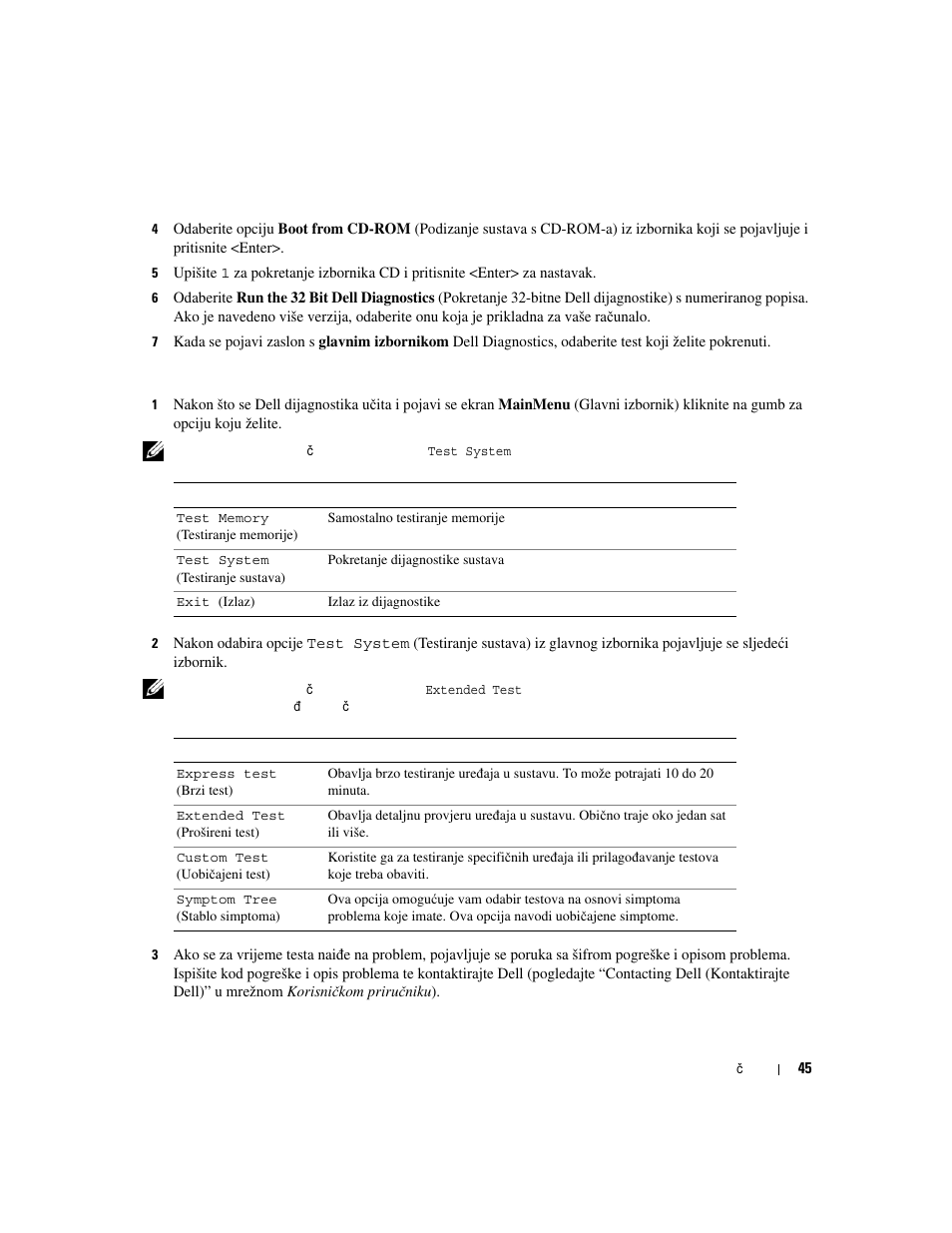 Glavni izbornik dell dijagnostike | Dell Precision M4300 User Manual | Page 45 / 246