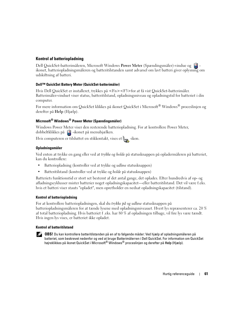 Kontrol af batteriopladning | Dell Precision M4300 User Manual | Page 61 / 246