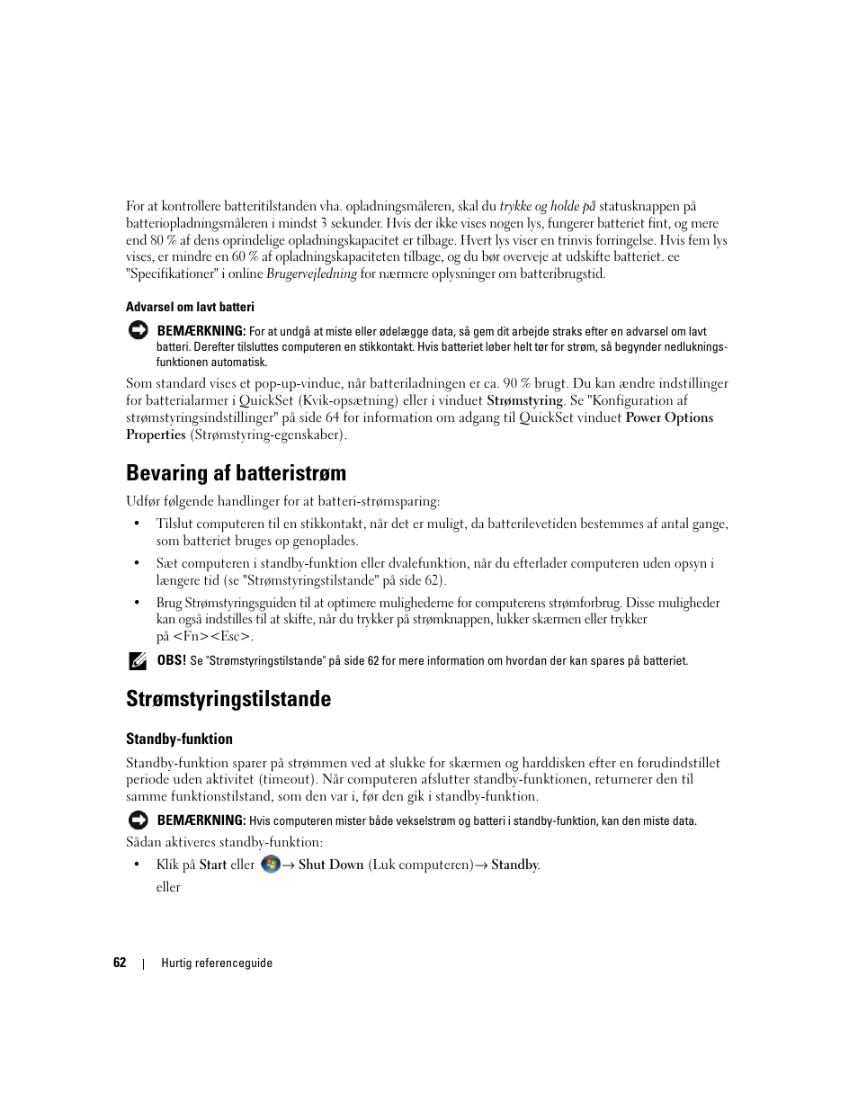 Bevaring af batteristrøm, Strømstyringstilstande, Standby-funktion | Dell Precision M4300 User Manual | Page 62 / 246