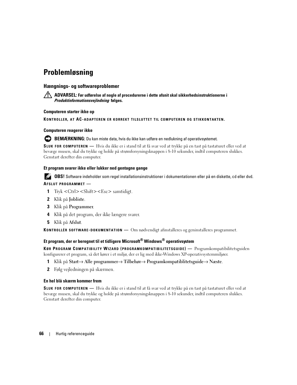 Problemløsning, Hængnings- og softwareproblemer | Dell Precision M4300 User Manual | Page 66 / 246