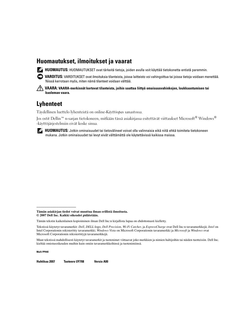 Huomautukset, ilmoitukset ja vaarat, Lyhenteet | Dell Precision M4300 User Manual | Page 74 / 246