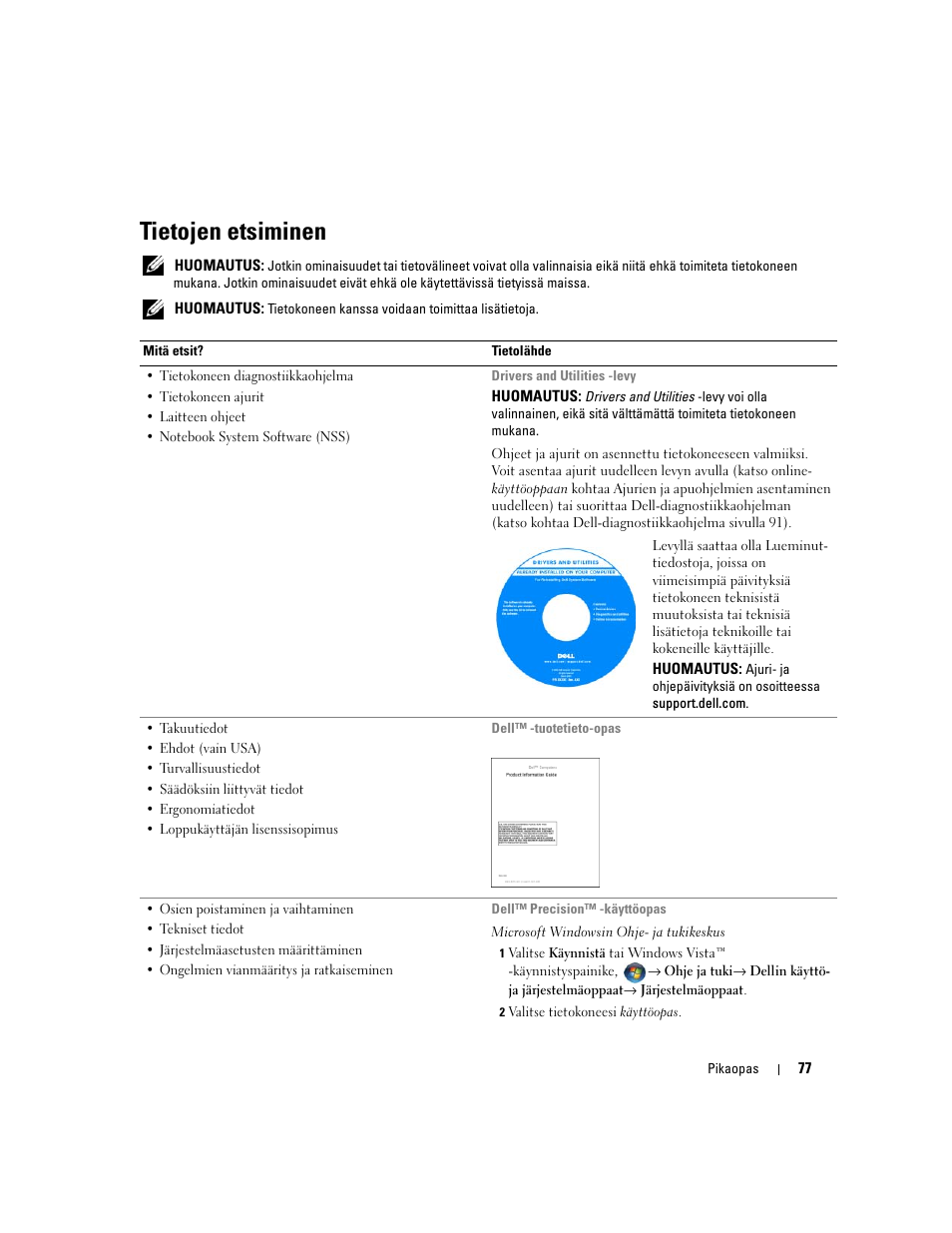 Tietojen etsiminen | Dell Precision M4300 User Manual | Page 77 / 246