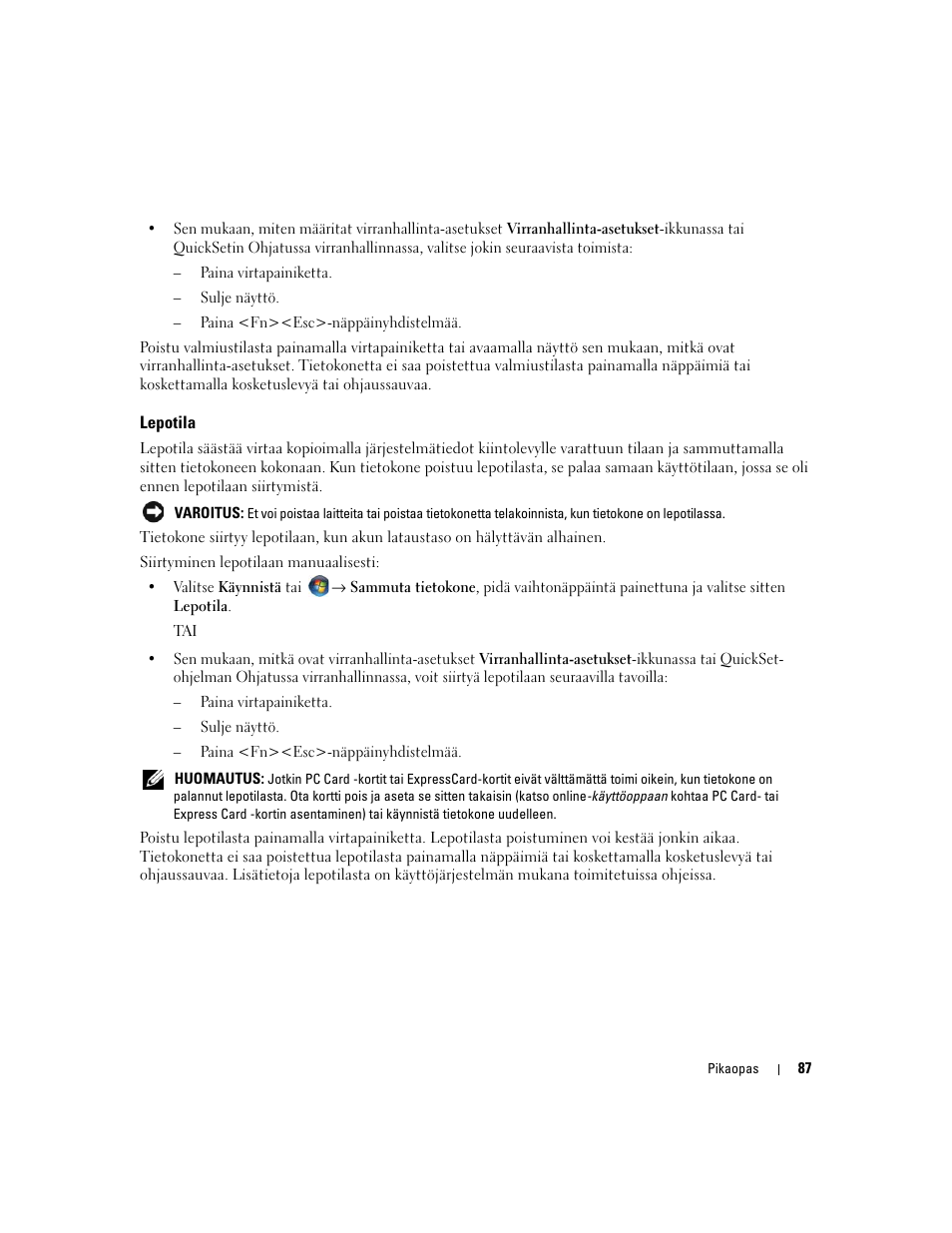 Lepotila | Dell Precision M4300 User Manual | Page 87 / 246