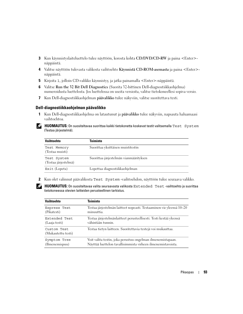 Dell-diagnostiikkaohjelman päävalikko | Dell Precision M4300 User Manual | Page 93 / 246