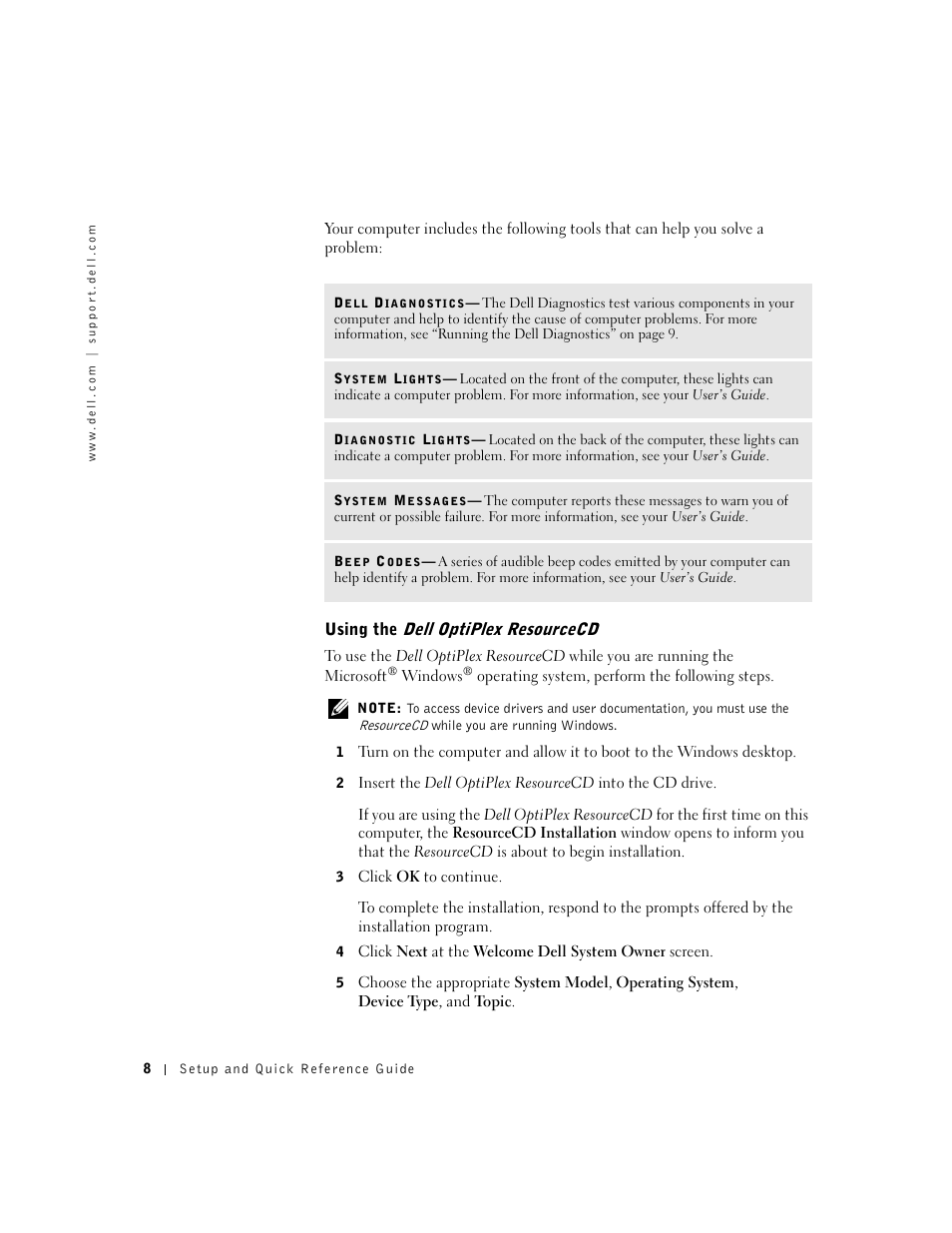 Using the dell optiplex resourcecd | Dell OptiPlex GX240 User Manual | Page 10 / 182