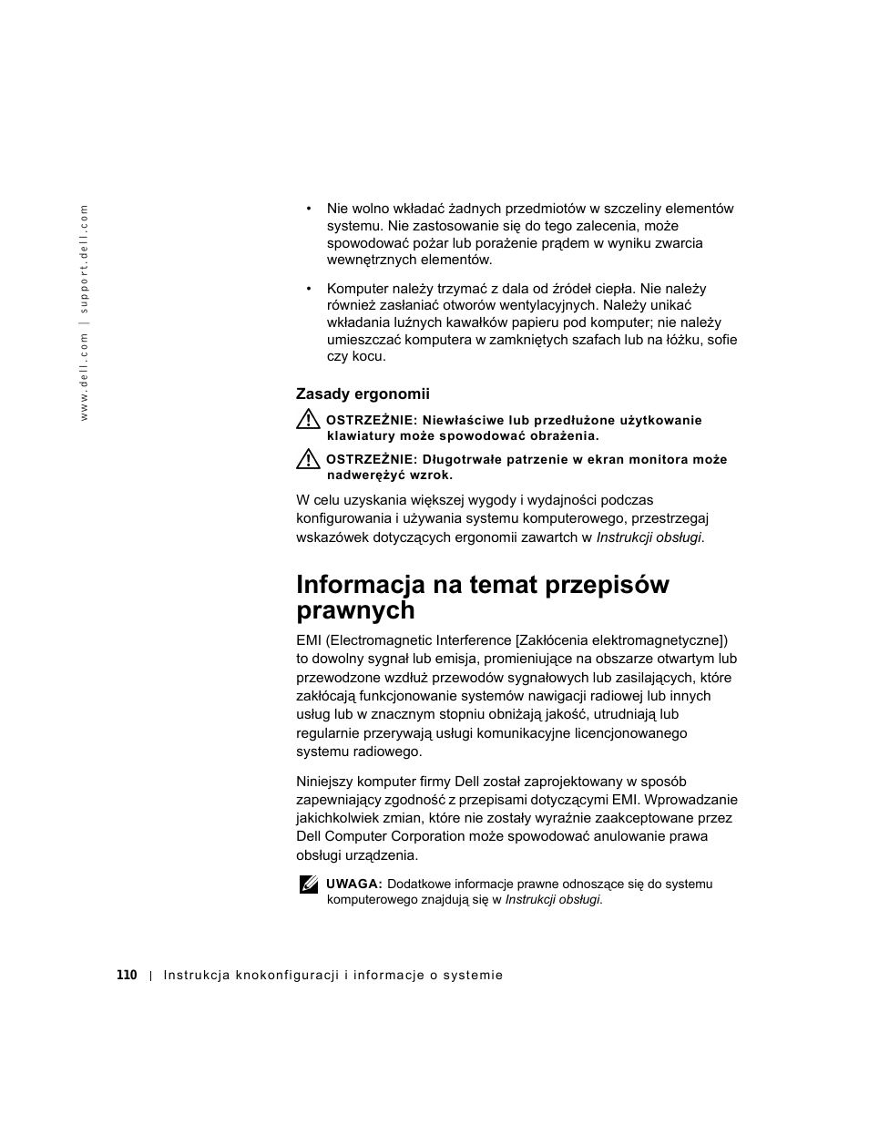 Zasady ergonomii, Informacja na temat przepisów prawnych | Dell OptiPlex GX240 User Manual | Page 112 / 182