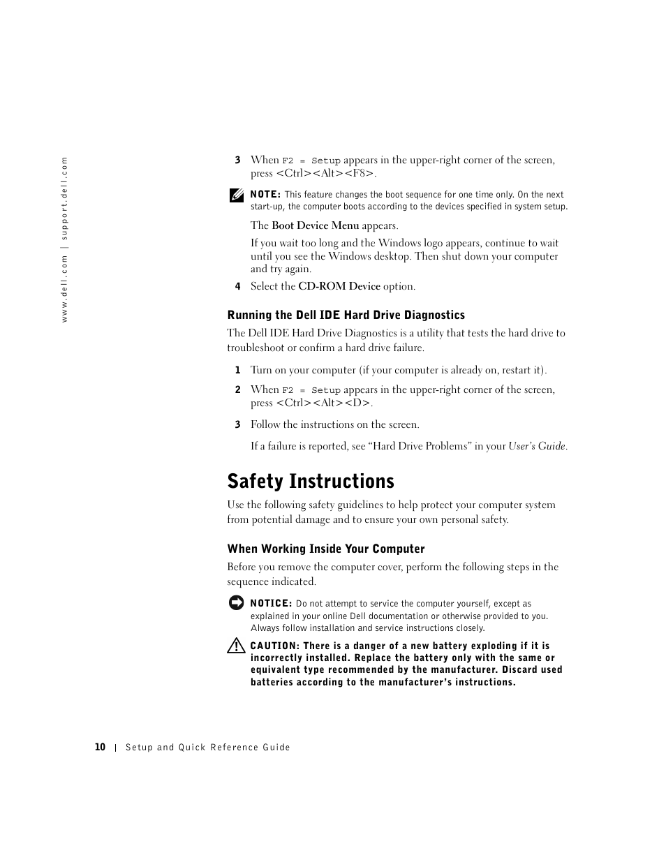 Running the dell ide hard drive diagnostics, Safety instructions, When working inside your computer | Dell OptiPlex GX240 User Manual | Page 12 / 182