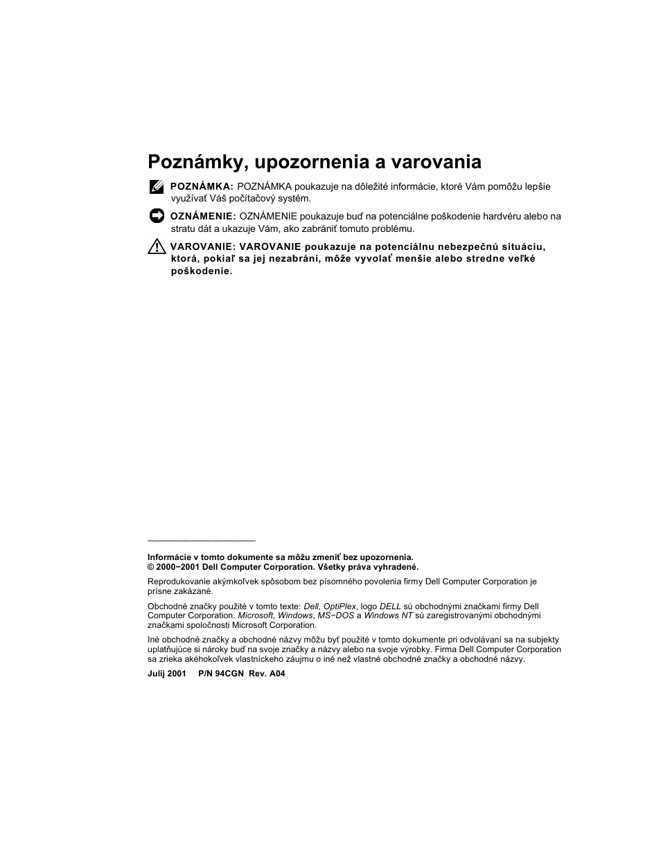 Poznámky, upozornenia a varovania | Dell OptiPlex GX240 User Manual | Page 130 / 182