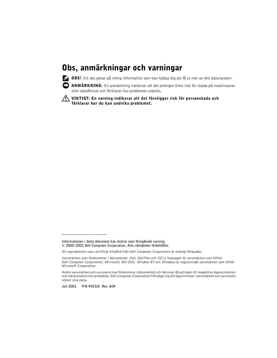 Obs, anmärkningar och varningar | Dell OptiPlex GX240 User Manual | Page 158 / 182