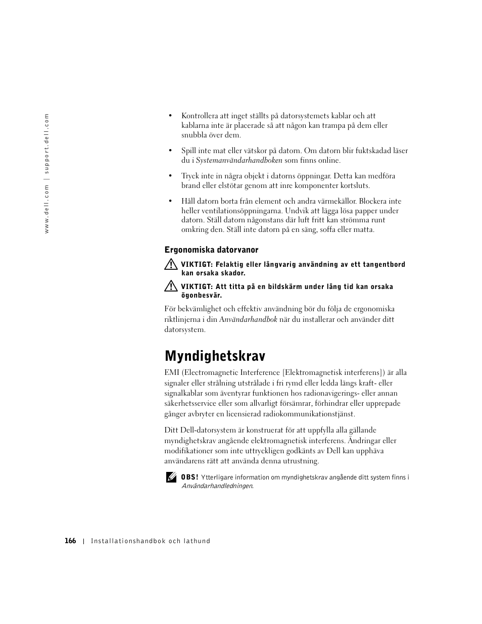 Ergonomiska datorvanor, Myndighetskrav | Dell OptiPlex GX240 User Manual | Page 168 / 182
