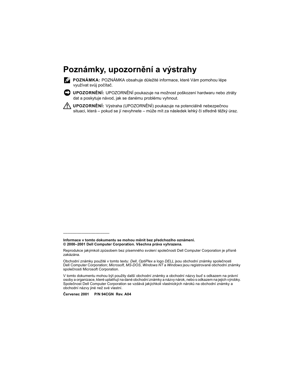 Poznámky, upozornění a výstrahy | Dell OptiPlex GX240 User Manual | Page 18 / 182