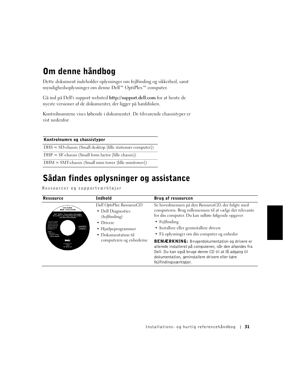Om denne håndbog, Sådan findes oplysninger og assistance, Dansker | Dell OptiPlex GX240 User Manual | Page 33 / 182