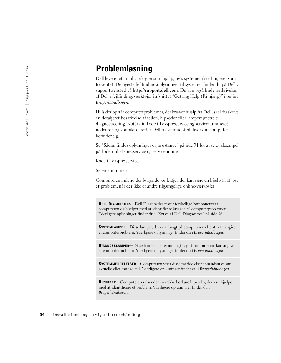 Problemløsning | Dell OptiPlex GX240 User Manual | Page 36 / 182