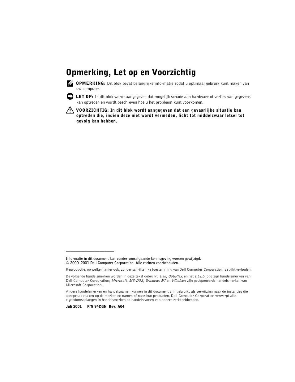Opmerking, let op en voorzichtig | Dell OptiPlex GX240 User Manual | Page 46 / 182