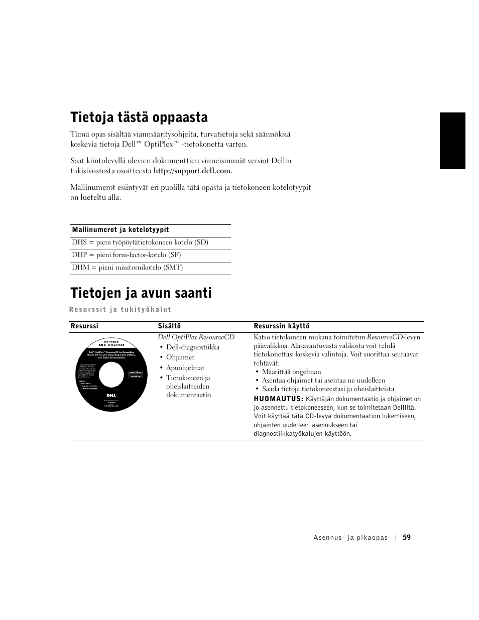 Tietoja tästä oppaasta, Tietojen ja avun saanti, Suomalainen | Dell OptiPlex GX240 User Manual | Page 61 / 182