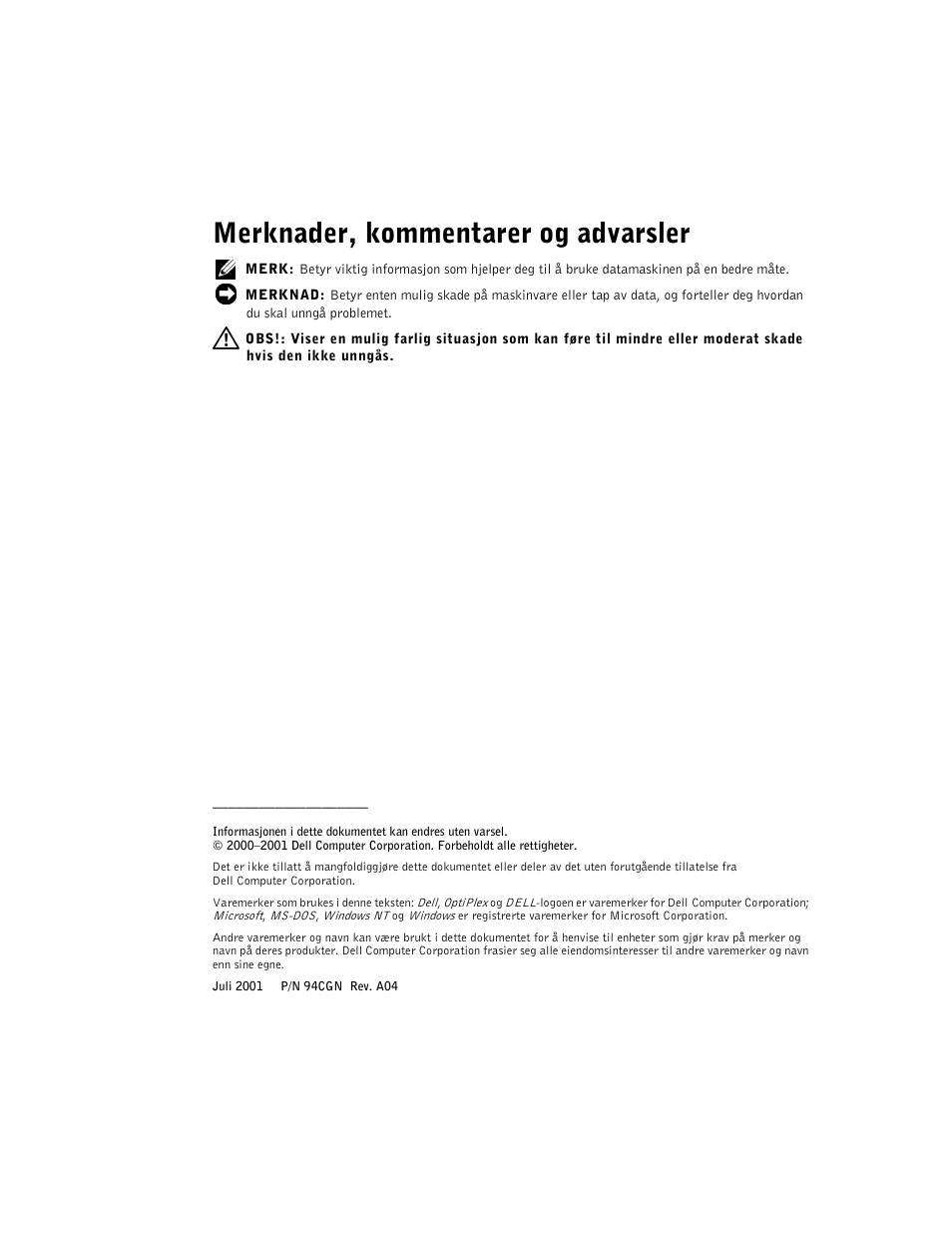 Merknader, kommentarer og advarsler | Dell OptiPlex GX240 User Manual | Page 86 / 182