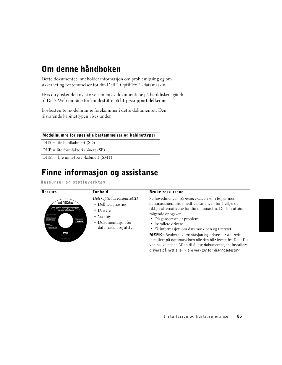 Om denne håndboken, Finne informasjon og assistanse, Norsk | Dell OptiPlex GX240 User Manual | Page 87 / 182