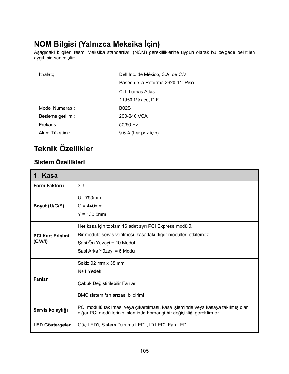 Nom bilgisi (yalnızca meksika için), Teknik özellikler, Sistem özellikleri | Kasa | Dell PowerEdge C410x User Manual | Page 107 / 122