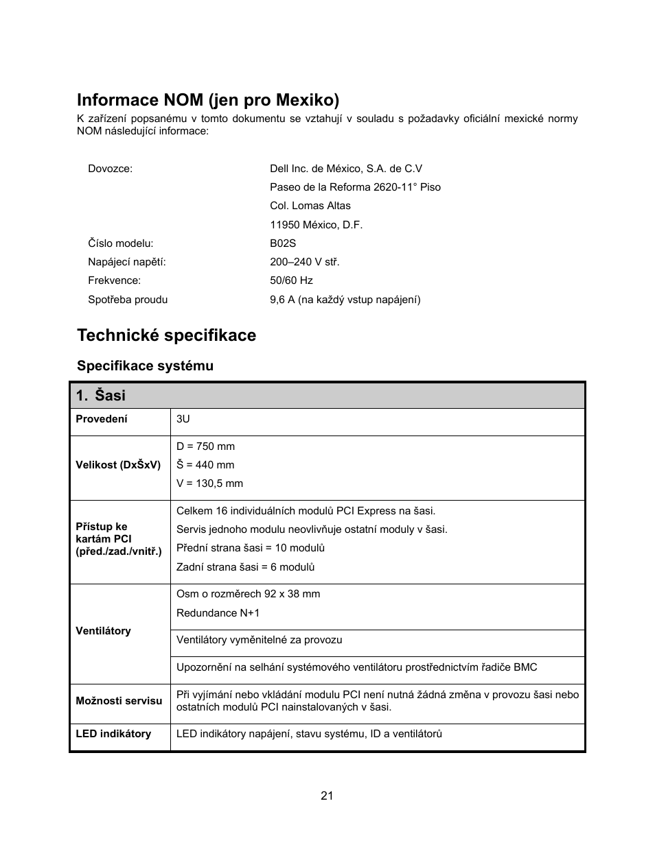 Informace nom (jen pro mexiko), Technické specifikace, Specifikace systému | Šasi | Dell PowerEdge C410x User Manual | Page 23 / 122