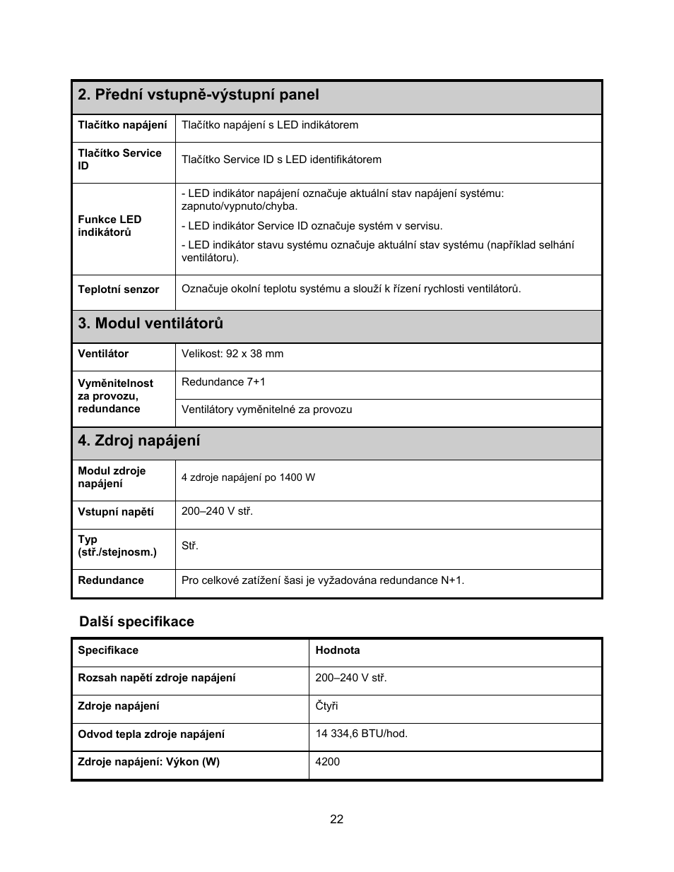 Další specifikace, Přední vstupně-výstupní panel, Modul ventilátorů | Zdroj napájení | Dell PowerEdge C410x User Manual | Page 24 / 122