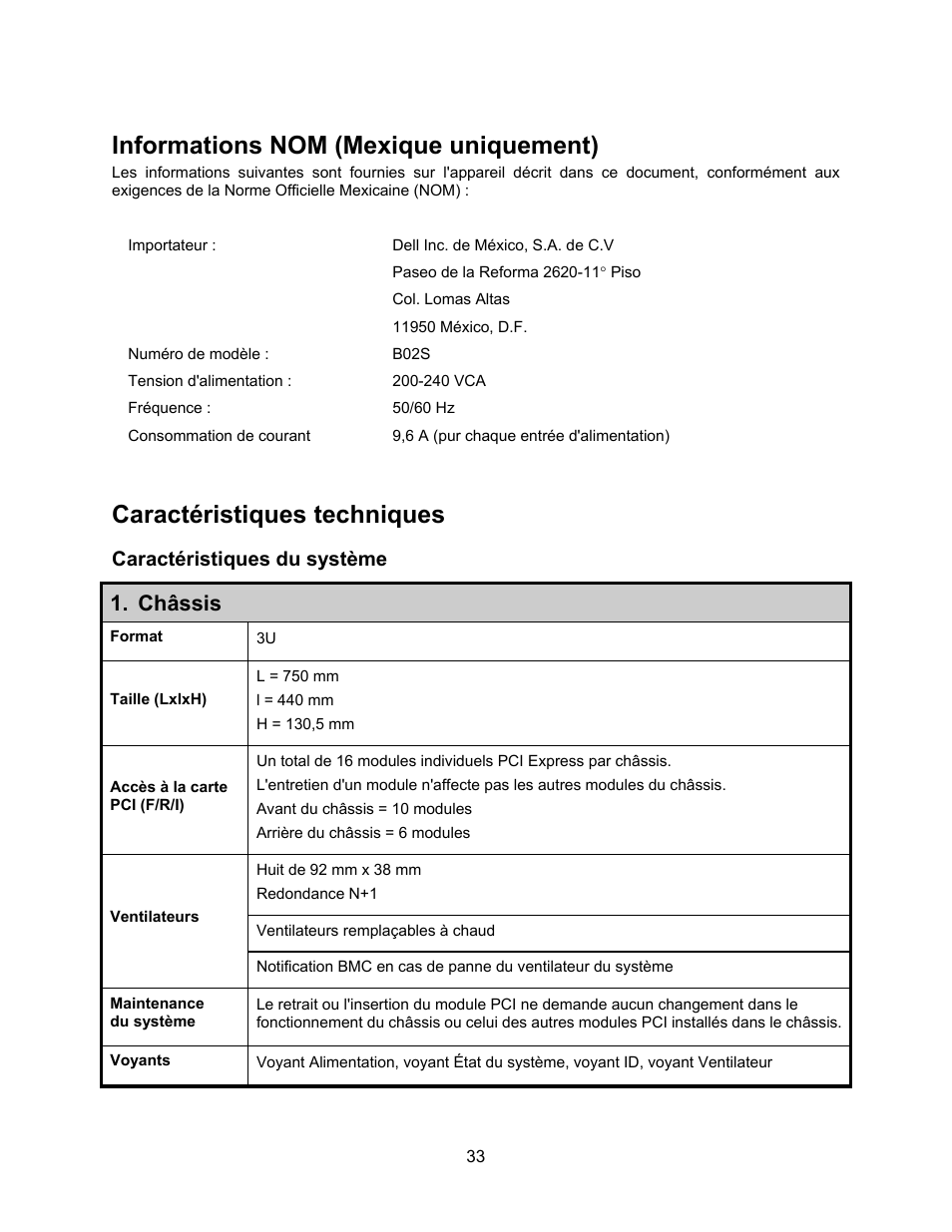 Informations nom (mexique uniquement), Caractéristiques techniques, Caractéristiques du système | Châssis | Dell PowerEdge C410x User Manual | Page 35 / 122