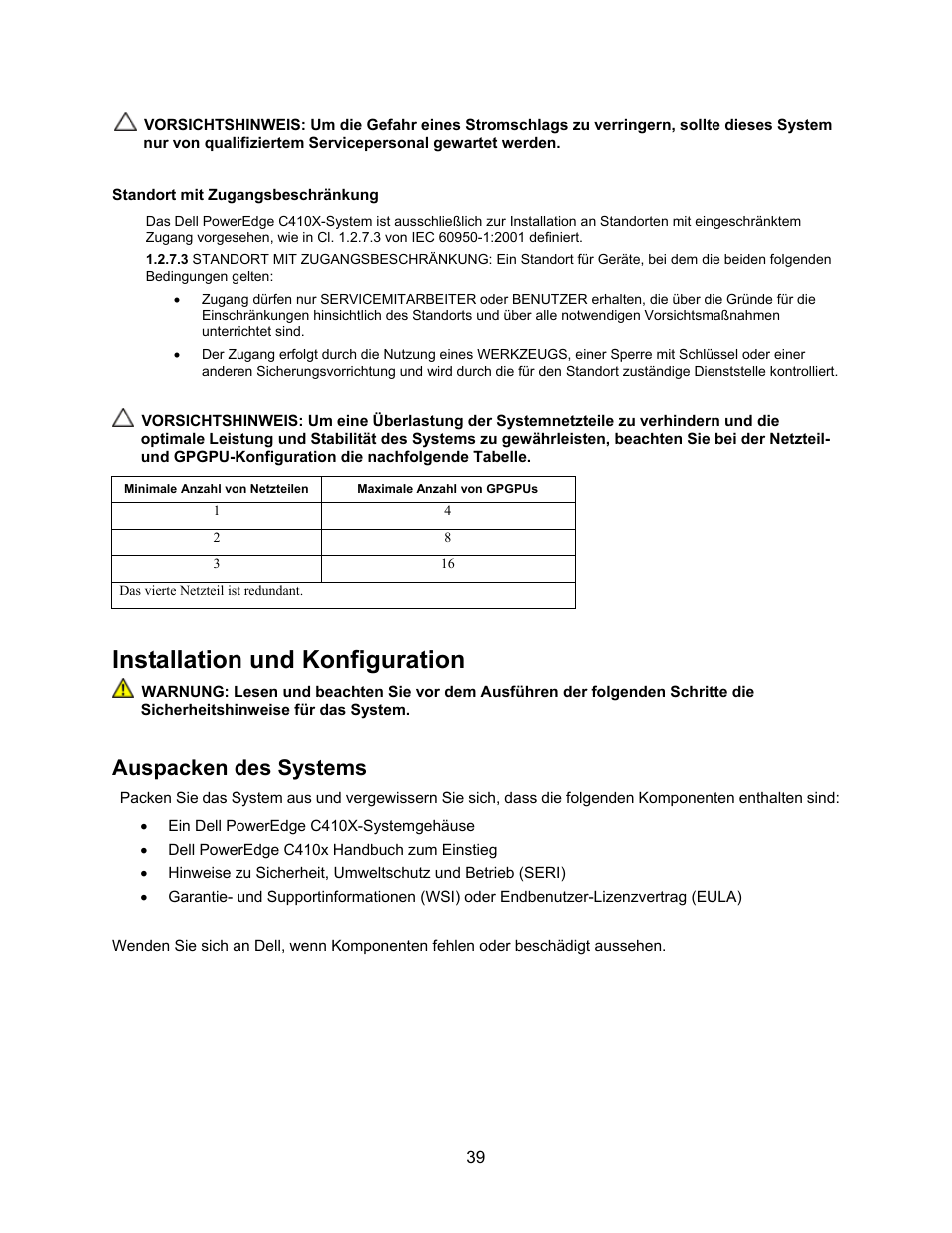 Installation und konfiguration, Auspacken des systems | Dell PowerEdge C410x User Manual | Page 41 / 122