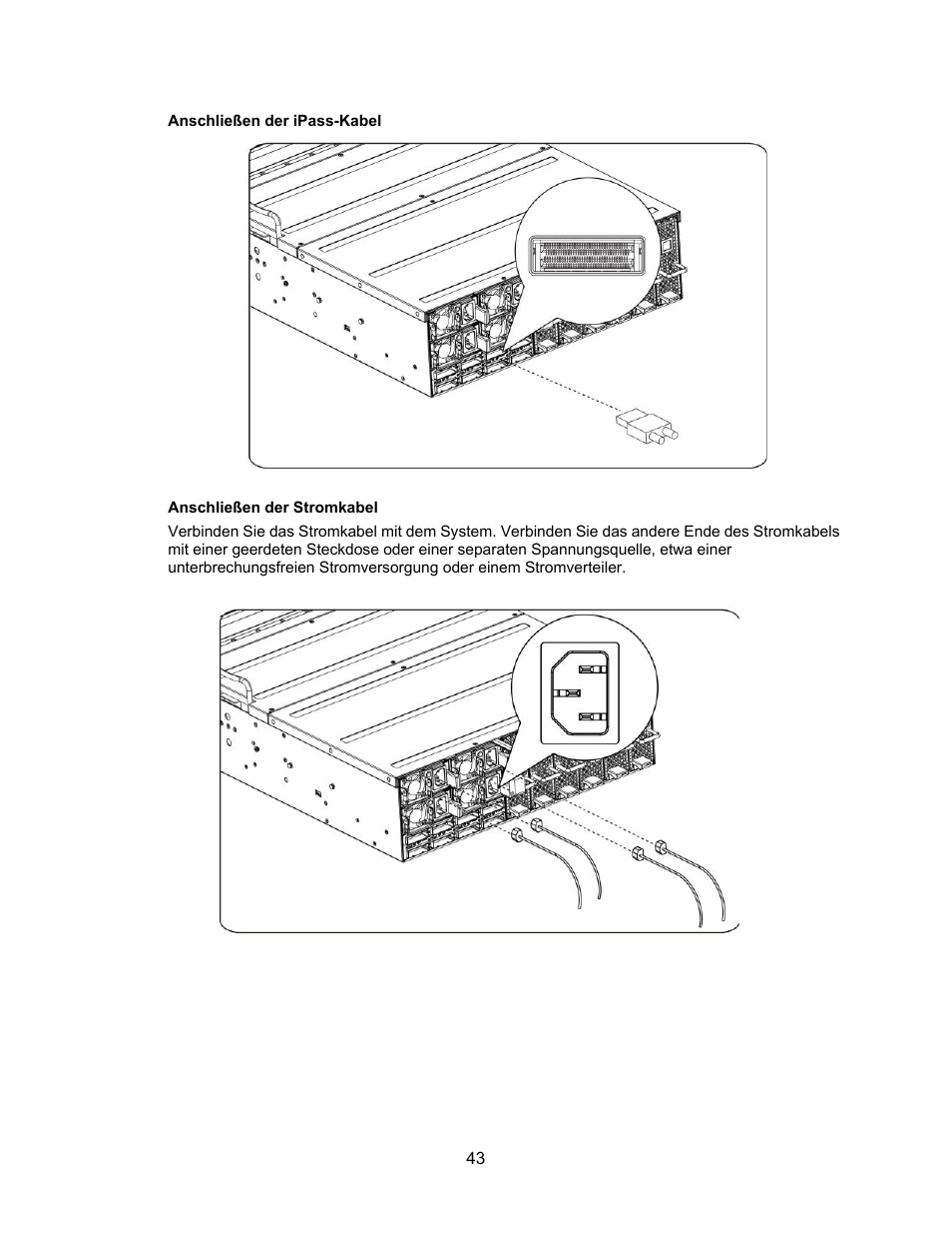 Anschließen der ipass-kabel, Anschließen der stromkabel | Dell PowerEdge C410x User Manual | Page 45 / 122