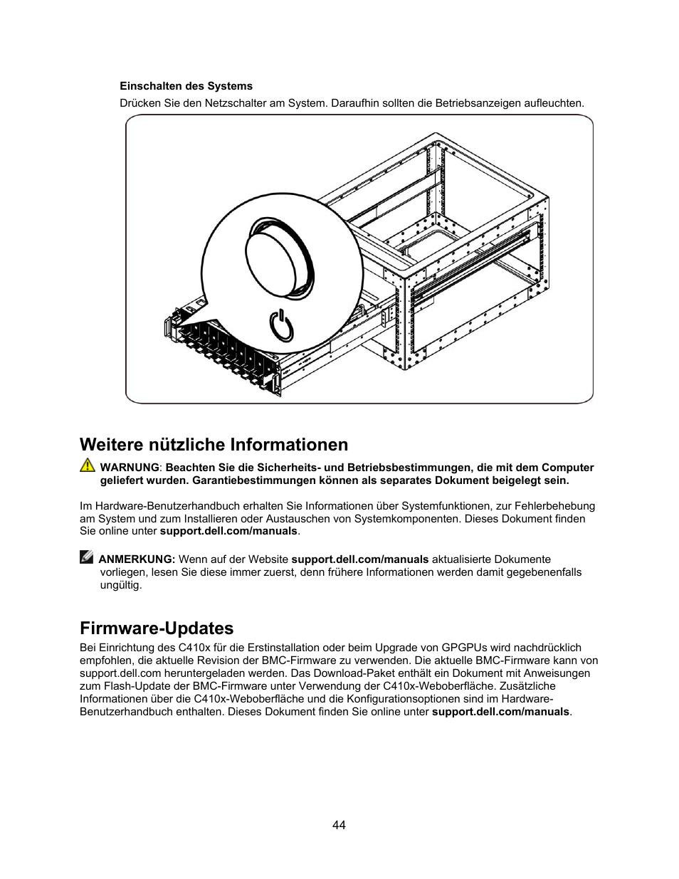 Einschalten des systems, Weitere nützliche informationen, Firmware-updates | Dell PowerEdge C410x User Manual | Page 46 / 122