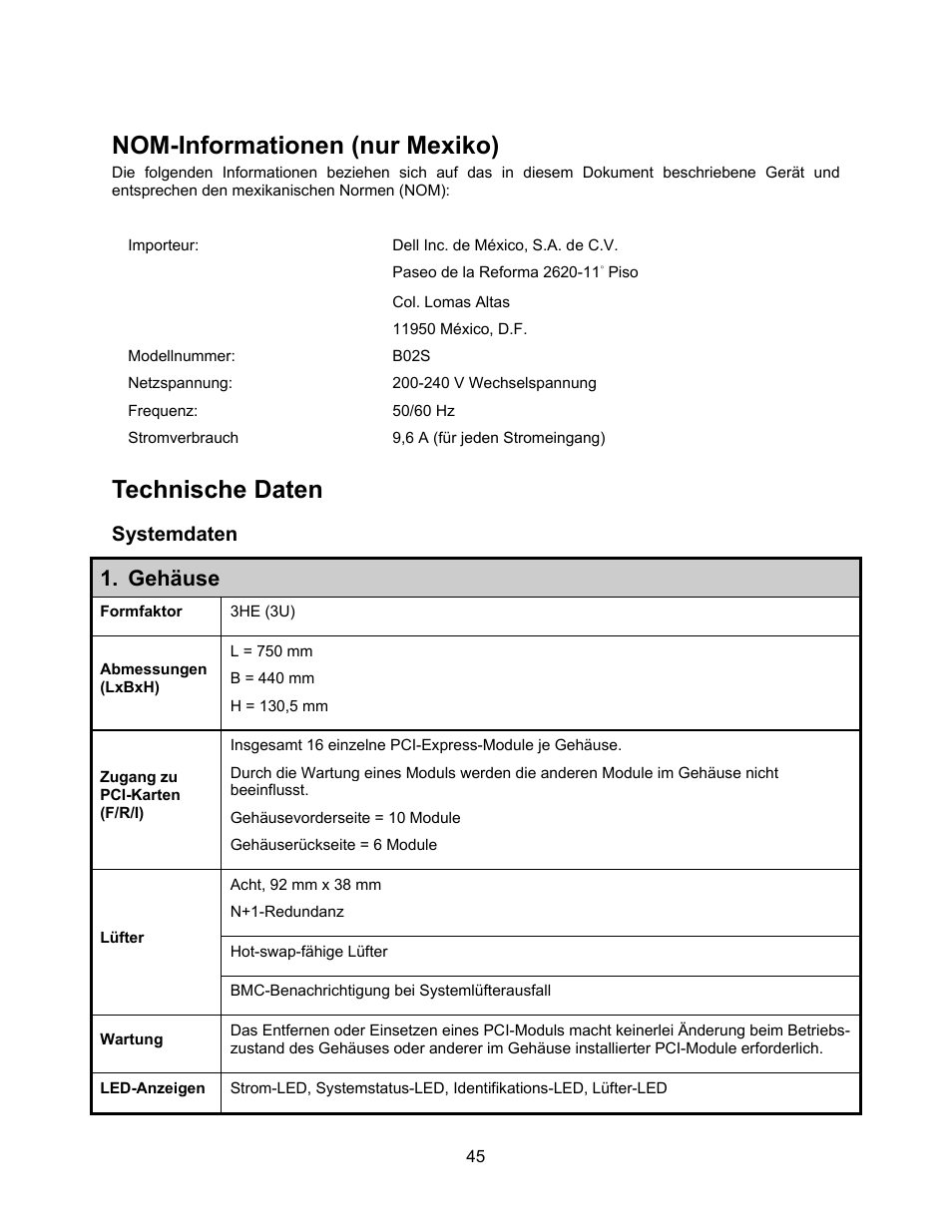 Nom-informationen (nur mexiko), Technische daten, Systemdaten | Gehäuse | Dell PowerEdge C410x User Manual | Page 47 / 122