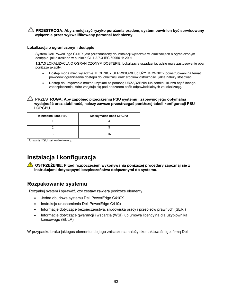 Instalacja i konfiguracja, Rozpakowanie systemu | Dell PowerEdge C410x User Manual | Page 65 / 122