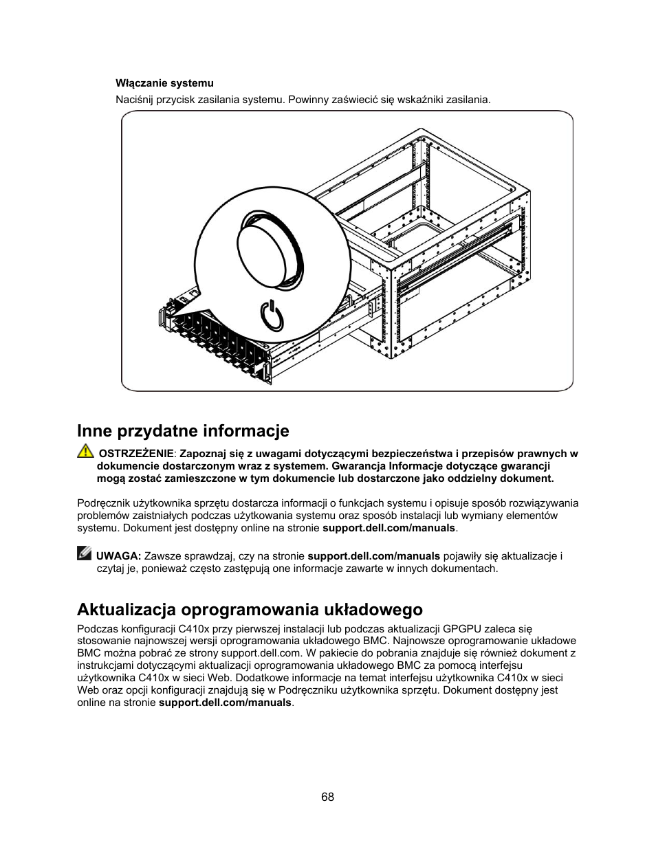 Włączanie systemu, Inne przydatne informacje, Aktualizacja oprogramowania układowego | Dell PowerEdge C410x User Manual | Page 70 / 122