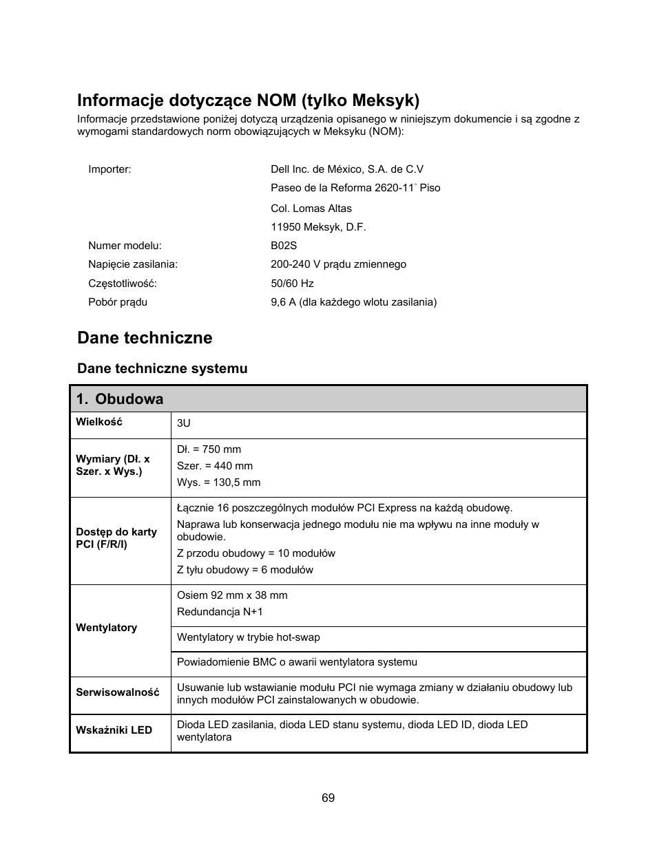 Informacje dotyczące nom (tylko meksyk), Dane techniczne, Dane techniczne systemu | Obudowa | Dell PowerEdge C410x User Manual | Page 71 / 122