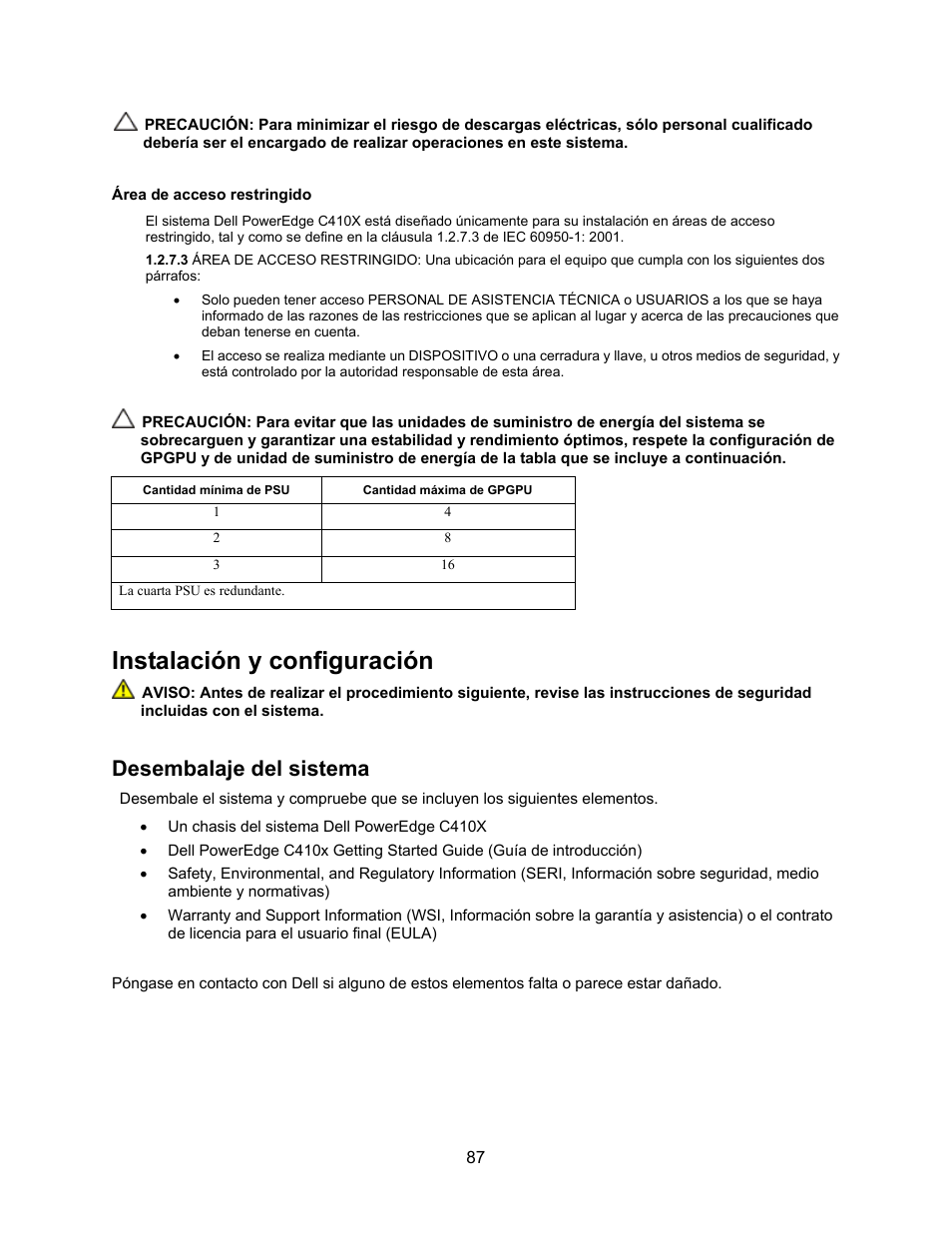 Instalación y configuración, Desembalaje del sistema | Dell PowerEdge C410x User Manual | Page 89 / 122