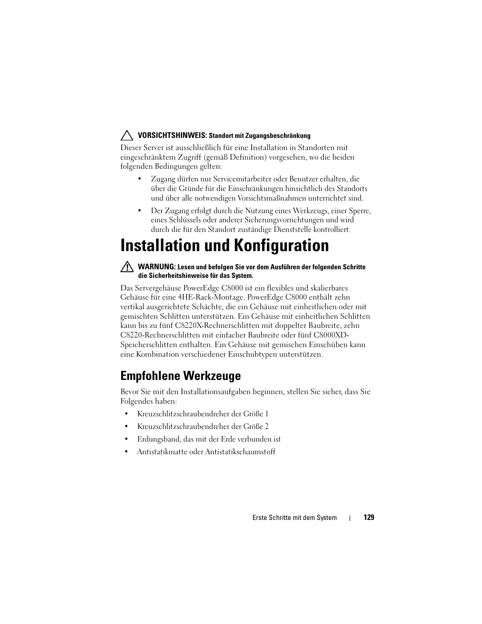 Installation und konfiguration, Empfohlene werkzeuge | Dell PowerEdge C8000 User Manual | Page 131 / 430