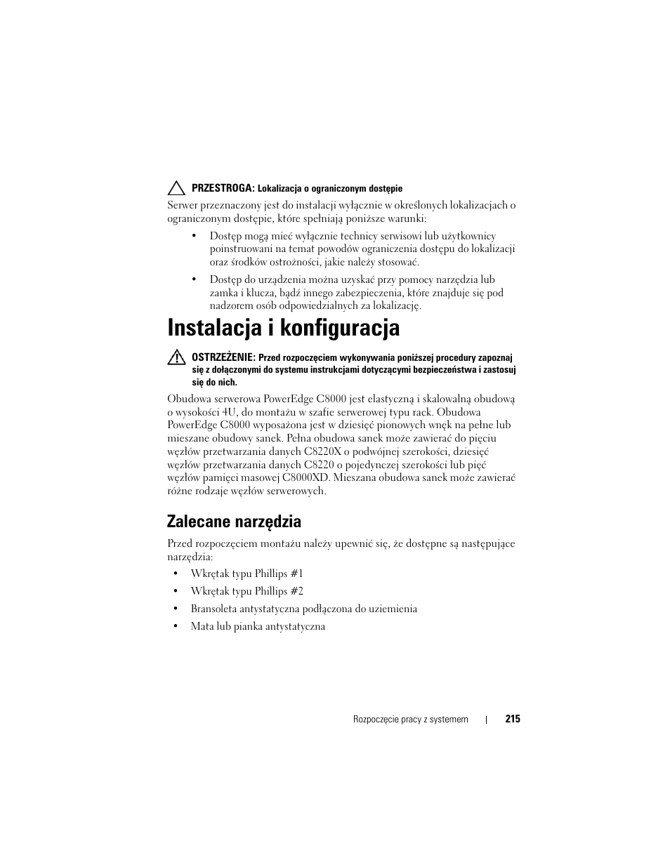 Instalacja i konfiguracja, Zalecane narzędzia | Dell PowerEdge C8000 User Manual | Page 217 / 430