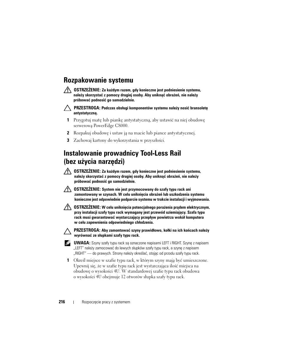 Rozpakowanie systemu | Dell PowerEdge C8000 User Manual | Page 218 / 430