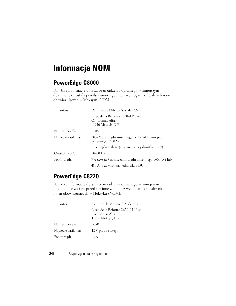 Informacja nom, Poweredge c8000, Poweredge c8220 | Dell PowerEdge C8000 User Manual | Page 248 / 430