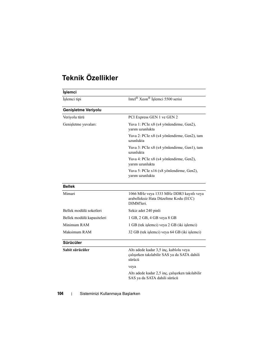 Teknik özellikler | Dell PowerEdge T410 User Manual | Page 106 / 122