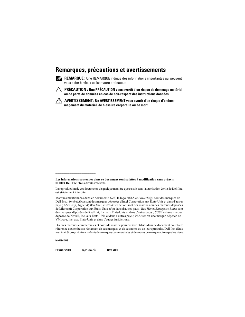 Remarques, précautions et avertissements | Dell PowerEdge T410 User Manual | Page 28 / 122