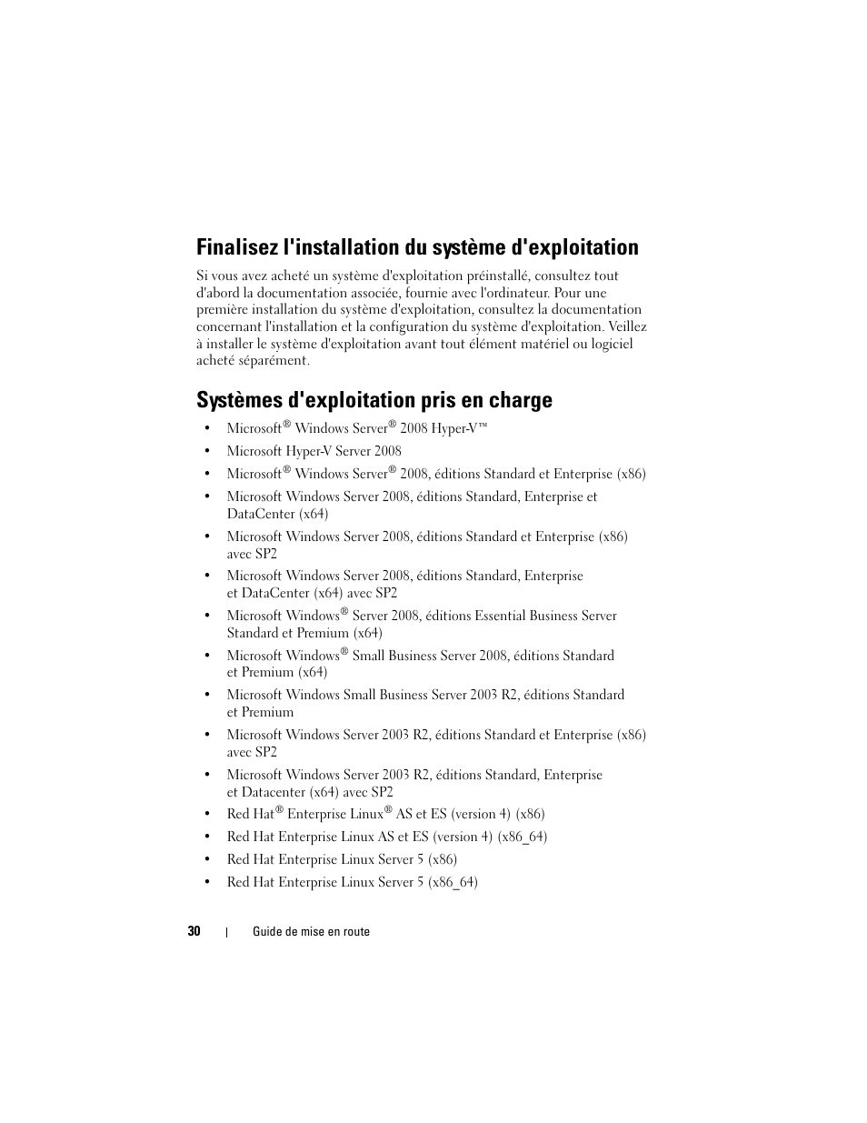 Finalisez l'installation du système d'exploitation, Systèmes d'exploitation pris en charge | Dell PowerEdge T410 User Manual | Page 32 / 122