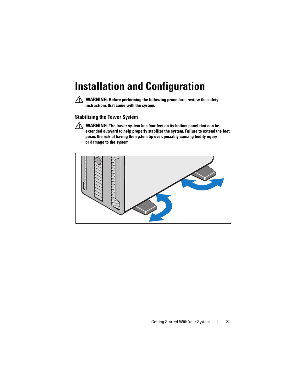 Installation and configuration, Stabilizing the tower system | Dell PowerEdge T410 User Manual | Page 5 / 122